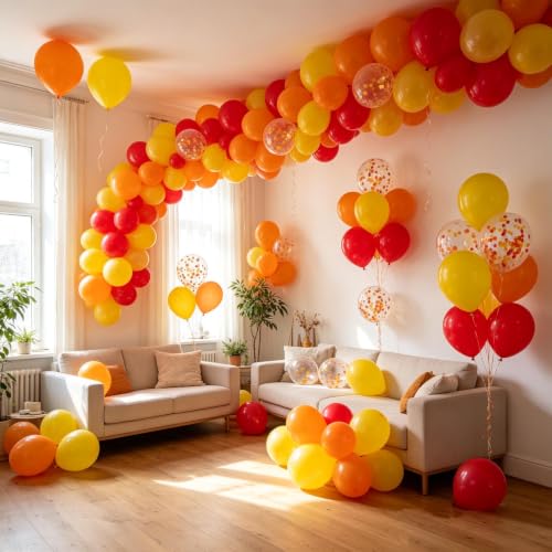 Image of Red Orange and Yellow 12inch Balloons with Confetti Balloons for Wedding, Birthday, Baby Shower, Christmas, Family Parties Decoration(50Pcs)