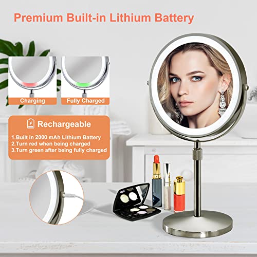 Furgatti Lighted Makeup Mirror, Vanity Mirror With 3 Color Lights, 360 Rotation, Height Adjustable, 1X/10X Magnification, 8 Inch Tabletop Cosmetic Mirror With Touch Control Lights For Makeup, Nickel #TOP6
