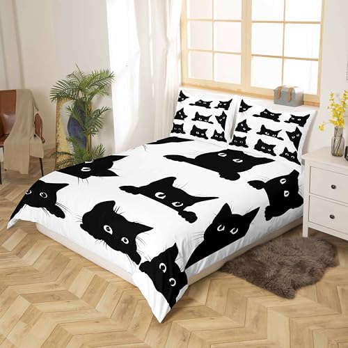Loussiesd Black Cat Bedding Set for Kids Boys Girls Pet Cats Pattern Duvet Cover Cute Kitten Print Comforter Cover 3D Animal Theme Quilt Cover Bedroom Decor 3Pcs Bedcloths Double Size White - Image 2