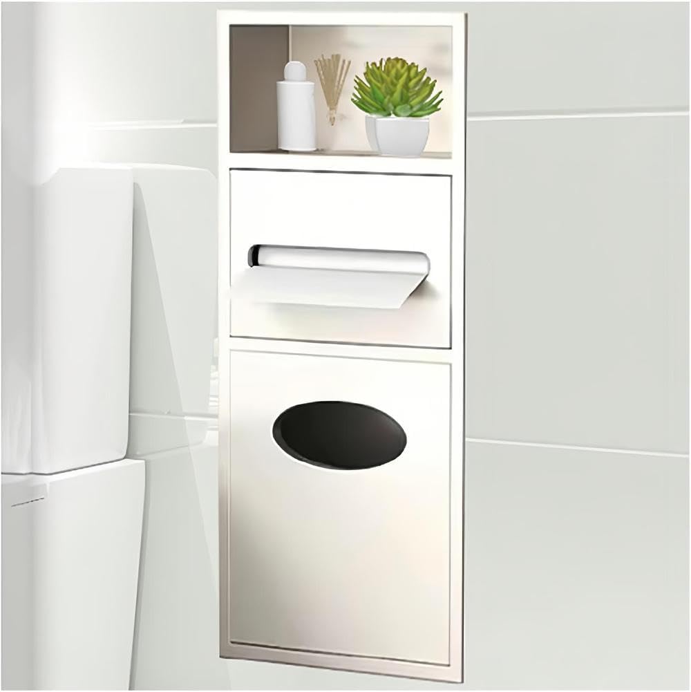 Space-Saving Stainless Steel Shower Niche with Built-in Trash Can & Recessed Toilet Paper Holder – Modern Bathroom Storage for Homes, Restaurants, Hotels (Black, 60x28x13.5cm)
