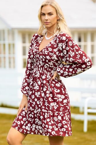 Image of Dokotoo Womens Dresses Boho Floral V Neck Long Sleeve Smocked Elastic Waist Casual A-Line Mini Dress Sundress