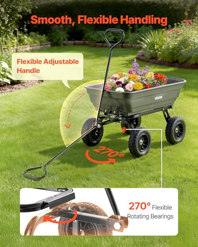 Image of VEVOR 4 Cu.Ft 600LBS Poly Garden Cart Dump Wagon, 4 Wheel Heavy Duty Wheelbarrow with 10 inch Flat Free Tires, Yard Cart Dump Wagon with Quick-Release System