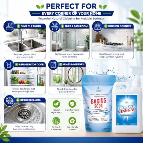 Image of VITSZEE White Cleaning Vinegar 1L & Baking Soda Powder900g Combo Pack | Multipurpose Household Cleaning Bundle | Kitchen, Bathroom, Floor, Glass, Sink, Tile & Washing Machine Cleaner | Deodorizing
