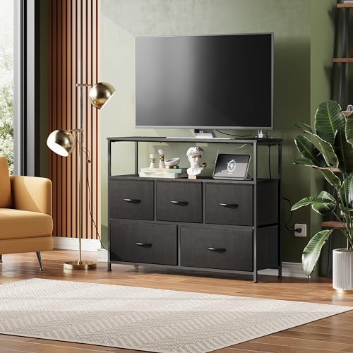Image of WLIVE 5 Drawer Fabric Dresser Charging Station Bedroom Chest, Black