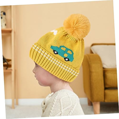 Cartoon Car Knit Baby Hat with Plush Ball Warm Ear Covering Beanie for Boys and Girls Winter Toddler Cap for Newborns and Infants Yellow2