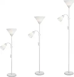 Luminária de Chão com Abajur Duplo Articulado para Leitura – Design Moderno, Base Metálica Estável, Soquete E27 Bivolt – Ideal para Quarto, Sala e Escritório (BRANCO)