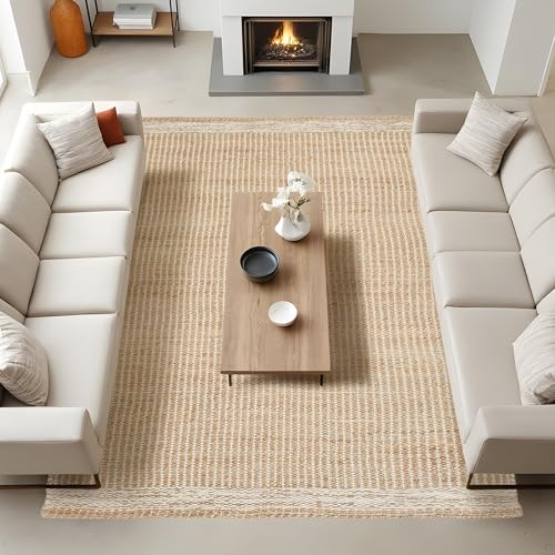RUSVILLA 8x10 feet Natural Jute & Wool Area Rug,&ndash; Handwoven Mini Check Natural...