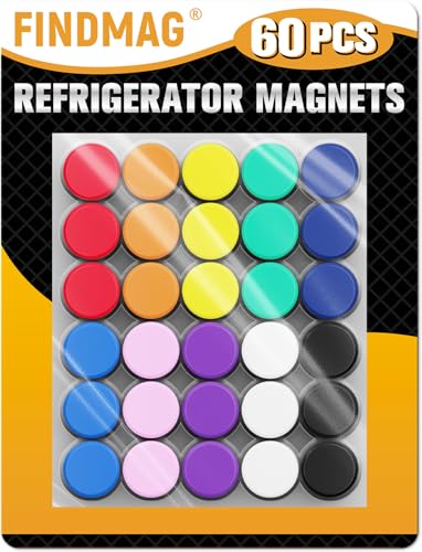 FINDMAG 60 Pack Refrigerator Magnets, Fun Locker Magnets Decorative, Whiteboard Magnet Circle, Cool Fridge Magnets Colored for Fridge, Classroom, Whiteboard, Kitchen, Festival, School, Office
