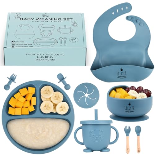 Baby Weaning Set – 9pc BPA Free Silicone Weaning Set with Suction Weaning Plate, Weaning Bowls, Sippy Cup, Weaning Bib, Weaning Spoons – Baby Led Weaning Kit for Babies & Toddlers – Blue