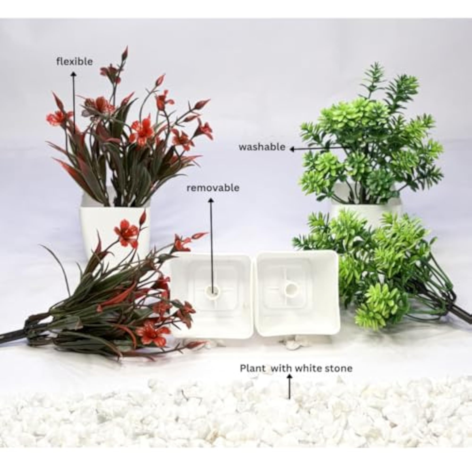 Artificial Flower & Plant Set with White Pots, Decorative Gift