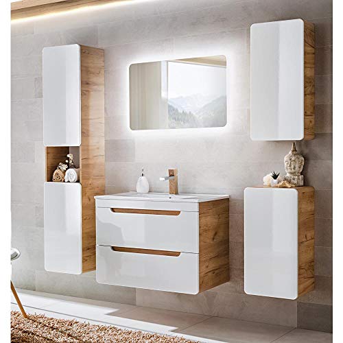 Lomadox Komplett Badmöbel Set 5-teilig Hochglanz weiß inkl. 80 cm Waschtischunterschrank mit Keramikwaschtisch, Unterschrank, Hängeschrank, Hochschrank und LED-Badezimmer-Spiegel
