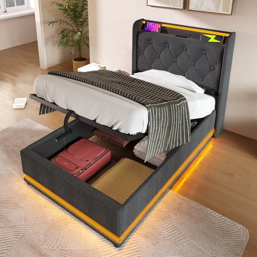 Canape Abatible de Formato Individual 90x200cm con Sistema de Elevacion Neumatica con Compartimento Inferior como Marco con Puertos de Carga USB y Tipo C y Bastidor Gris