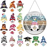 Qunclay Magnetic Gnome Diamond Art Decoration Holiday Spring Easter Interchangeable Gnome Seasonal Welcome Sign DIY Hanging Front Door Decor with Magnet Detachable Hat and Hand(Blue and Gray Color)