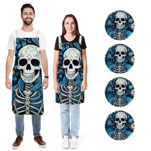 Tablier de cuisine doux et réglable motif tête de mort avec poches pour protéger vos vêtements