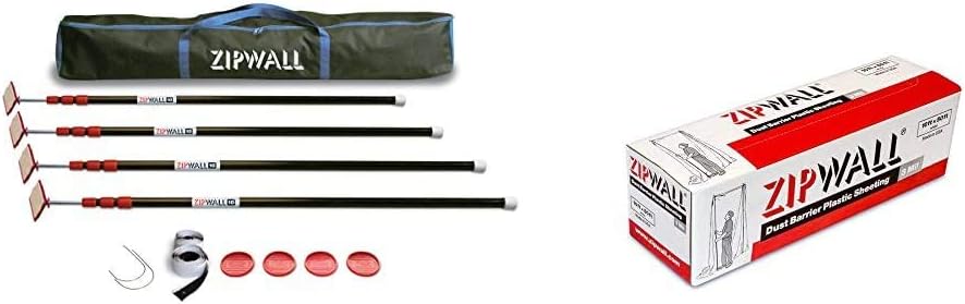 ZIPWALL ZP4 ZipPole 10 Foot Spring Barrier (Pack of 4) Loaded Poles for Dust Barriers, 4 Pack, Black and ZipWall PY50 Dust Barrier Plastic Sheeting, White 10ft x 50ft, 3 mil