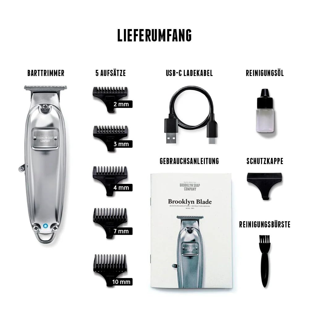 Brooklyn Soap Company - Brooklyn Blade Barttrimmer USB-C - Profi Bartschneider für Herren - Edelstahl Trimmer mit 5 Aufsätzen - Elektrischer Bart Rasierer für kurze bis mittellange Bärte
