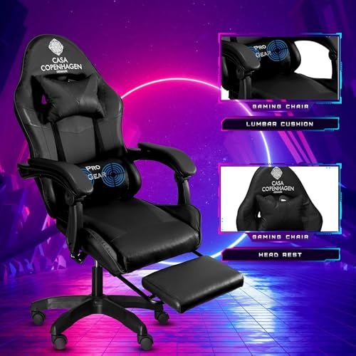 Image of Casa Copenhagen Designed in Denmark,High-Back Italian Leather Gaming Ergonomic Chair with Advanced Mechanism & Electric Back Massager, Memory Foam Seating & Multi Function Arm-Rest - Black & Black