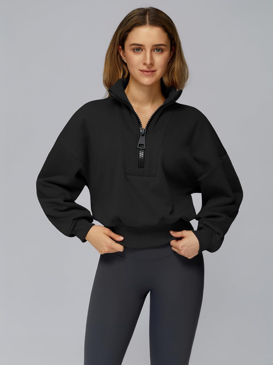 Women’s Fleece-Lined Half Zip Pullover Sweatshirt Warm Top with Ribbed Hem | Cozy Winter Athleisure Wear