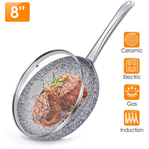 8" Nonstick Frying Pans with Lids - Granite Skillet, Aluminum Frying Pan