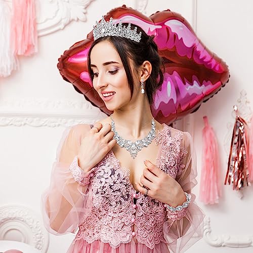 Inbagi 4 Pcs Quinceanera Crowns Costume Jewelry Sets Bride Wedding Crystal Queen Crowns Rhinestone Necklace Dangle Earrings Link Bracelet Set (Silver)4