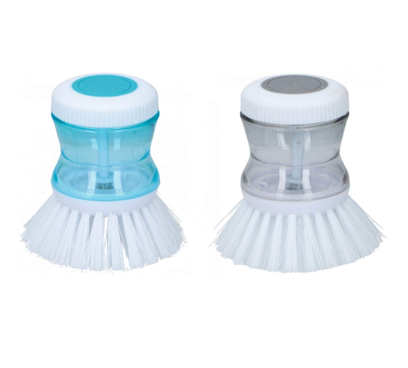 Alpina Blue & Grey Soap Dispensing Palm Dish Brush Kitchen Brush For Dishes Pot Pan Sink Cleaning Small Dish Scrubber Round Brush With Built In Soap Dispenser, Pack Of 2 (Blue & Grey)