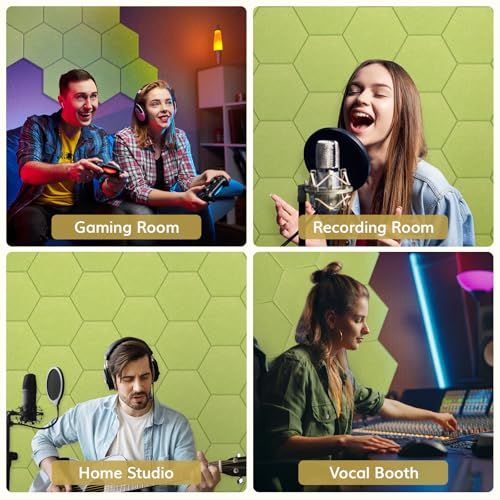 Image of 12 Pack High Density Hexagon Acoustic Panels, TONOR 12 inchx 10 inchx 0.4 inch Soundproof Wall Panels, Sound Absorbing Panels for Interior Wall Decor, Peel and Stick Modern for Studio, Office, Home, Green