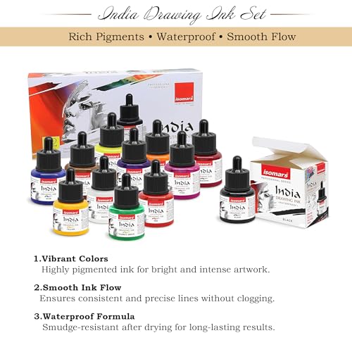 Image of Isomars Waterproof Drawing Ink Set of 12 - 35ml Each (with Dropper) | Suitable for Calligraphy, Art, Technical Drawing, Airbrush Art, Illustration | Fade-Resistant & Quick-Drying