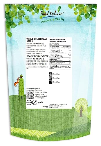 Food to Live Golden Flax Seeds, 12 Ounces – Premium Whole Flaxseeds for Nutritious Recipes, Baking, and Snacking - Rich in Omega-3, Fiber, Protein. Raw, Vegan, Kosher, Bulk. Semillas de Linaza - Thumbnail 2