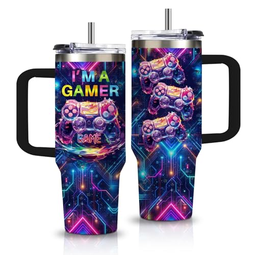 30oz Game Tumbler with Handle & Straws, Boys Insulated Tumbler, Leak-Proof