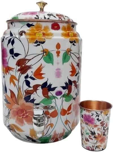 Copper Dispenser White Printed 8 Litre Copper Water Dispenser (Matka) & Glass 300 Ml With Stand. Container Pot with 100% Pure Copper and Ayurvedic Health Benefits (8000 ml)