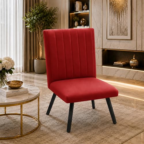 Image of Modern Velvet Accent Chair for Living Room | Upholstered Single Seater Chair with Metal Legs | Comfortable Seating for Bedroom, Office & Guest Room - Red