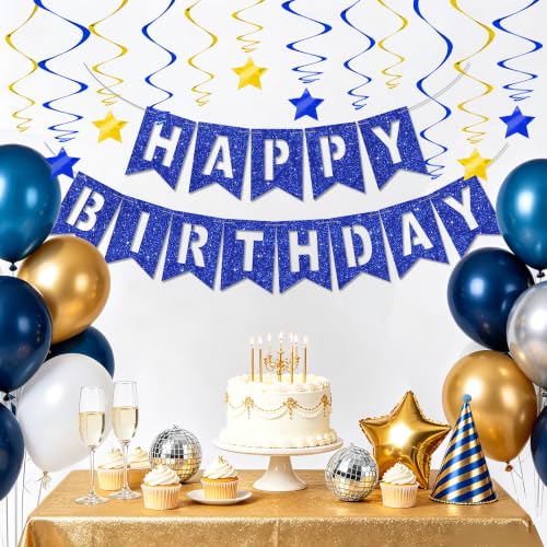 Image of BEISHIDA Blue Gold Happy Birthday Banner with Stars for Kids Women Men Birthday Decor