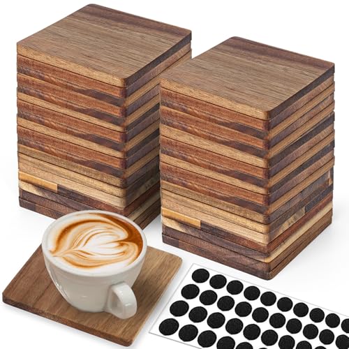 36 Pieces Unfinished Wood Coasters 4 Inch Square Acacia Wooden Coasters for Crafts with Non-Slip Silicon Dots for DIY Stained Painting Wood Engraving Home Decoration