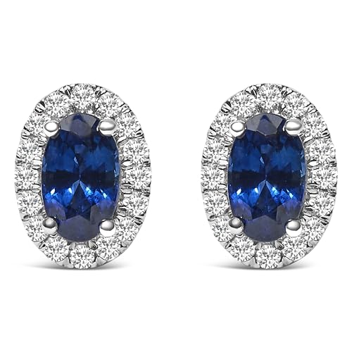 10K White Gold 5x3 MM Oval Blue Sapphire and Diamond Halo Stud Earrings (I-J Color, I1-I2 Clarity)