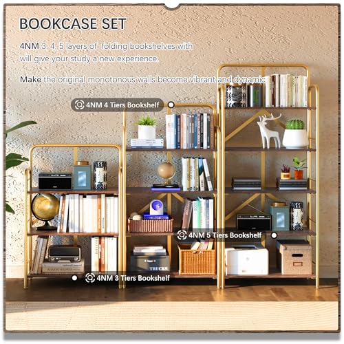 Image of 4NM No Assembly Folding Bookshelf, 5 Tiers Collapsible Book Shelves Open Industrial Foldable Storage Bookcase Shelf for Bedroom, Living Room, Home Office - Brown and Gold