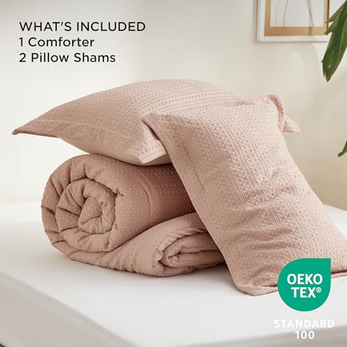 Image of Bedsure Waffle Comforter Set King, Soft and Breathable Dusty Pink Bedding Comforter Set, 3 Pieces, 1 Waffle Weave Comforter (104 inchx90 inch) and 2 Pillow Shams (20 inchx36 inch+2 inch)
