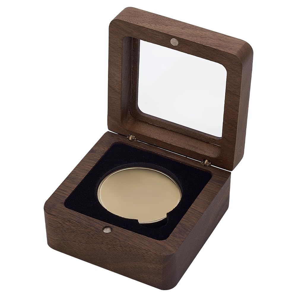 FINGERINSPIRE Walnut Wood Challenge Coin Display Box - 4 Inch Square Magnetic Coin Holder With Window