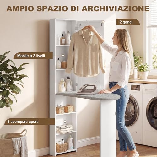 Meuble à repasser multifonction avec 6 compartiments et miroir pliable armoire