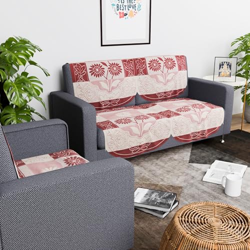 Image of Kuber Industries 2+1 Seater Sofa Set Cover | Sofa Slipcover Protector for Home Living Room, Hall & Office Couch | Flower Strips- Red & Cream