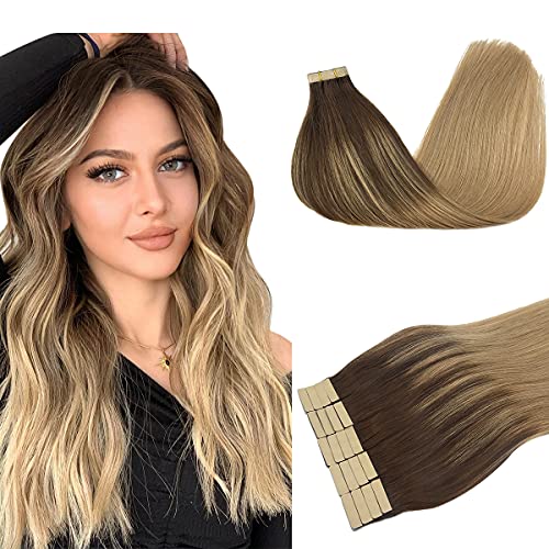 DOORES Tape in Human Hair Extesnsions Ombre Chocolate Brown Highlighted Dirty Blonde 18 Inch 20pcs 50g Real Natural Hair Extensions Tape in Silky Skin Weft Human Hair Straight