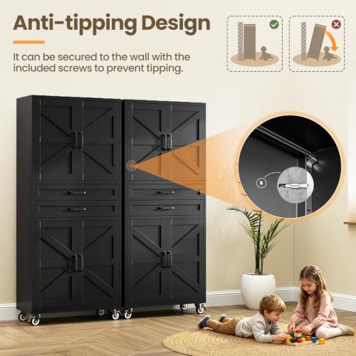 Image of Black Metal Garage Storage Cabinet Rolling Kitchen Storage Pantry Cabinet