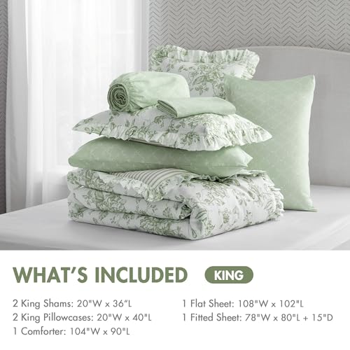 Image of Madison Park Essentials Adele Green Floral King Size Comforter Set - Vintage Bed in a Bag with Sheets, Reversible Ruffle Bedding, Elegant Gift for Her