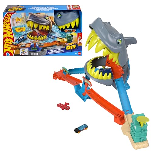 Hot Wheels Spielzeugauto-Trackset City-Spielset Hai-Alarm am Strand mit Die-Cast-Fahrzeug im Maßstab 1:64. 2 Spielmöglichkeiten den Hai außer Gefecht setzen oder gefressen werden JHL96