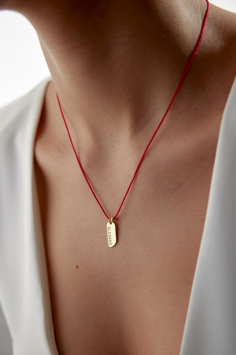 Affirmation Necklace Collection. LOVE - HOPE - BELIEVE - BLESSED - LUCKY. 18K Gold Plated Affirmation Pendant on Lucky Red silk String chain (Adjustable). UNISEX One of a Kind Meaningful Gift - Image 7
