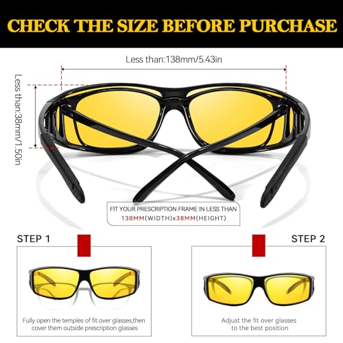 TJUTR 2 Pack Night Vision Driving Glasses Fit Over Glasses for Men Women, Anti Glare Polarized Yellow Lenses for Nighttime3