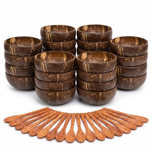 Image of Thenga Jumbo Coconut Shell Bowl - 900 ML | Eco-Friendly Handmade Dish with Coconut Wood Spoon for Smoothie, Salad, Breakfast & More | Natural Artisan Tableware - 20 Bowl + 20 Spoon