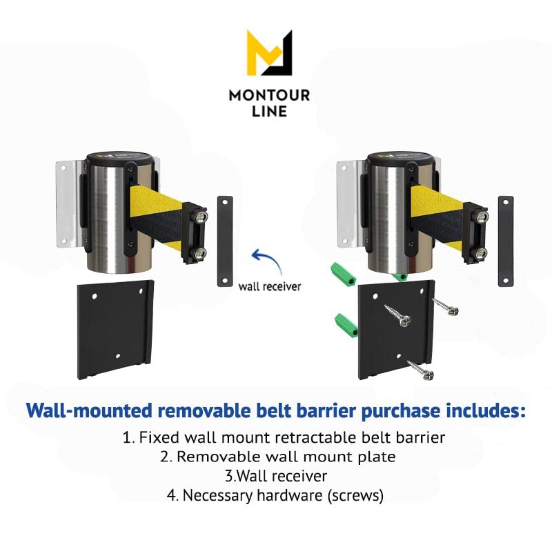 Montour Line WM115 Wall Mounted Retractable Belt Barrier with Magnetic Belt End, Removable Mount, Polished Stainless Steel Casing (8.5 ft Red Belt)