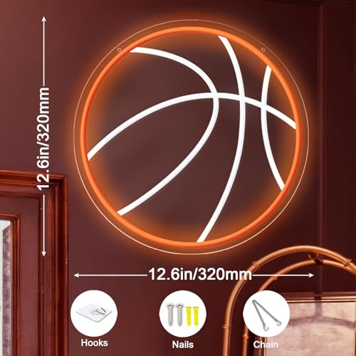Image of Basketball Neon Sign, 12.6 inchx12.6 inch Basketball Led Neon Light for Wall Decor, Powered by USB Wall Decor Aesthetic for Room Bedroom Sports Decor Gift for Christmas Birthday