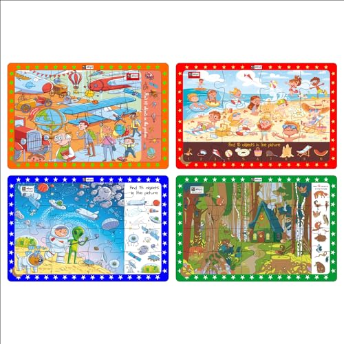 Image of ABYZ Wooden Jigsaw Beach Day, Aviation Museum, Space Visit, Forest Grade Puzzle 63pcs with Find The Things for Kids of Age 3+, Set of 4 Puzzle