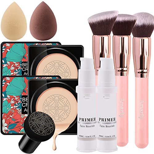 Air Cushion Cc Cream Mushroom Head Foundation, 2 Pcs Amazfly Moisturizing Bb Cream Makeup Long Lasting Matte Concealer Bright Makeup Base Long Lasting With Mushroom Makeup Sponge And Powder Brush (Natural) #TOP11